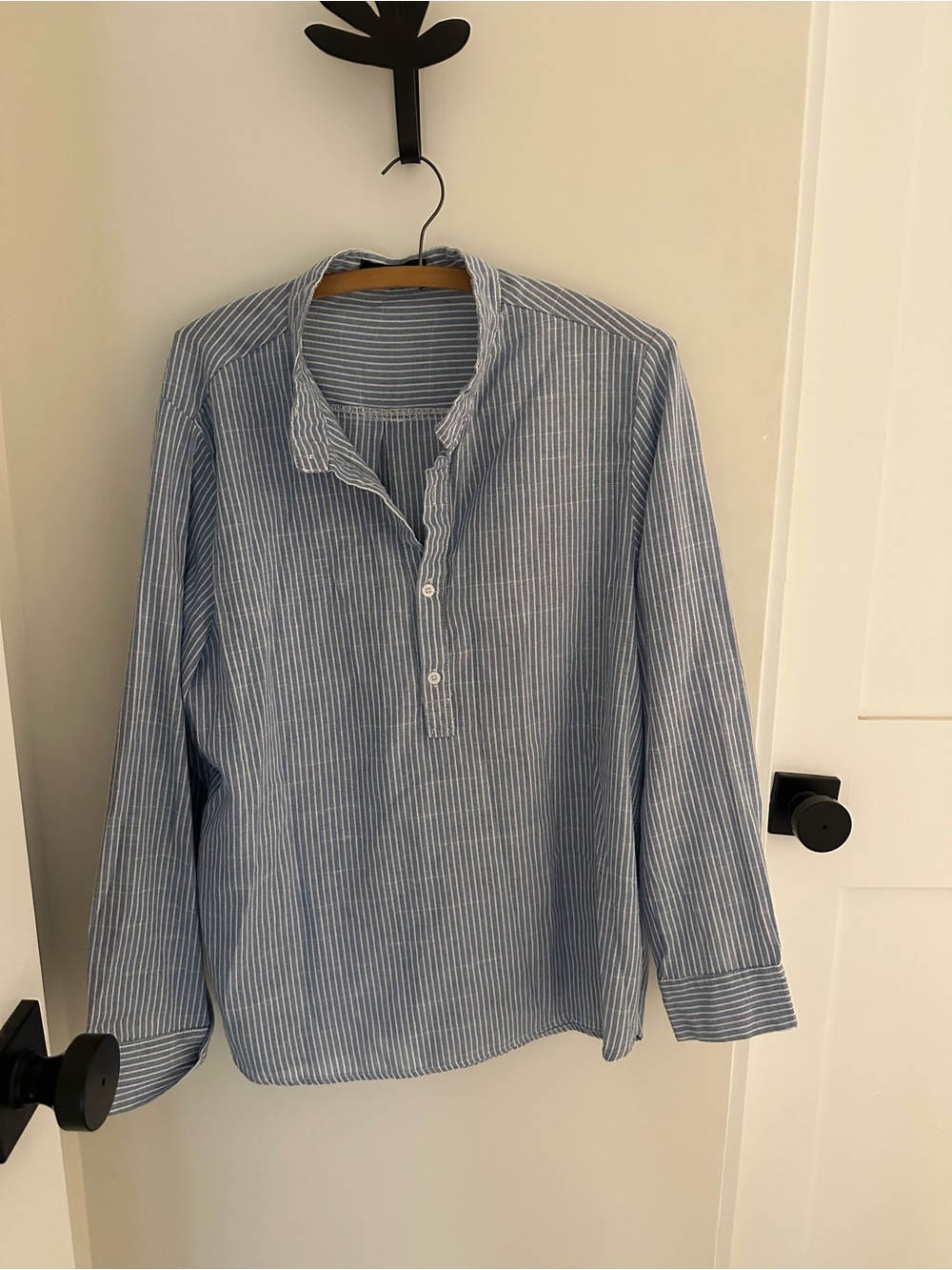 Blue Stripe Oversize Cotton-Blend Pullover Shirt